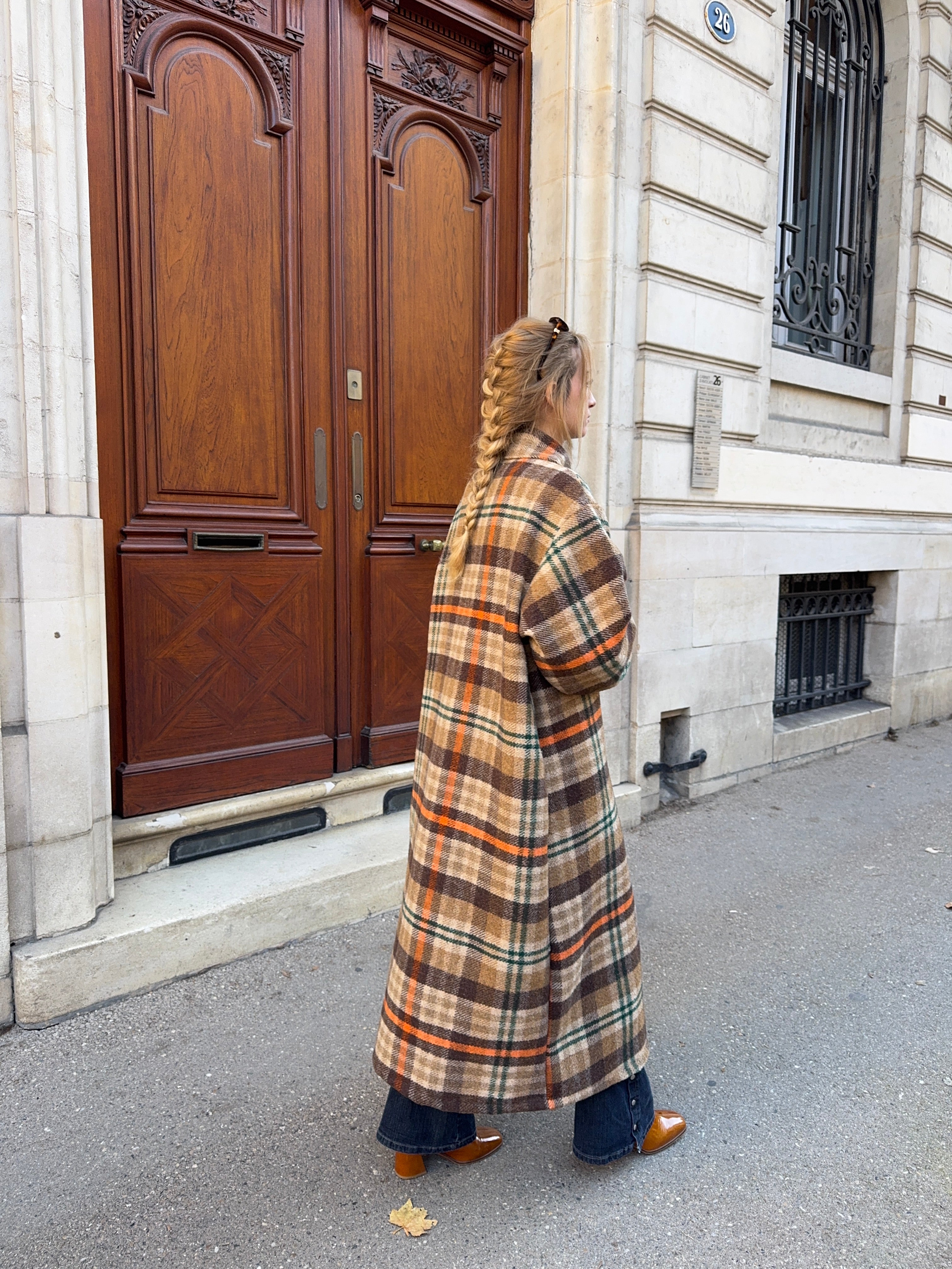 Manteau long upcyclé laine à carreaux vintage