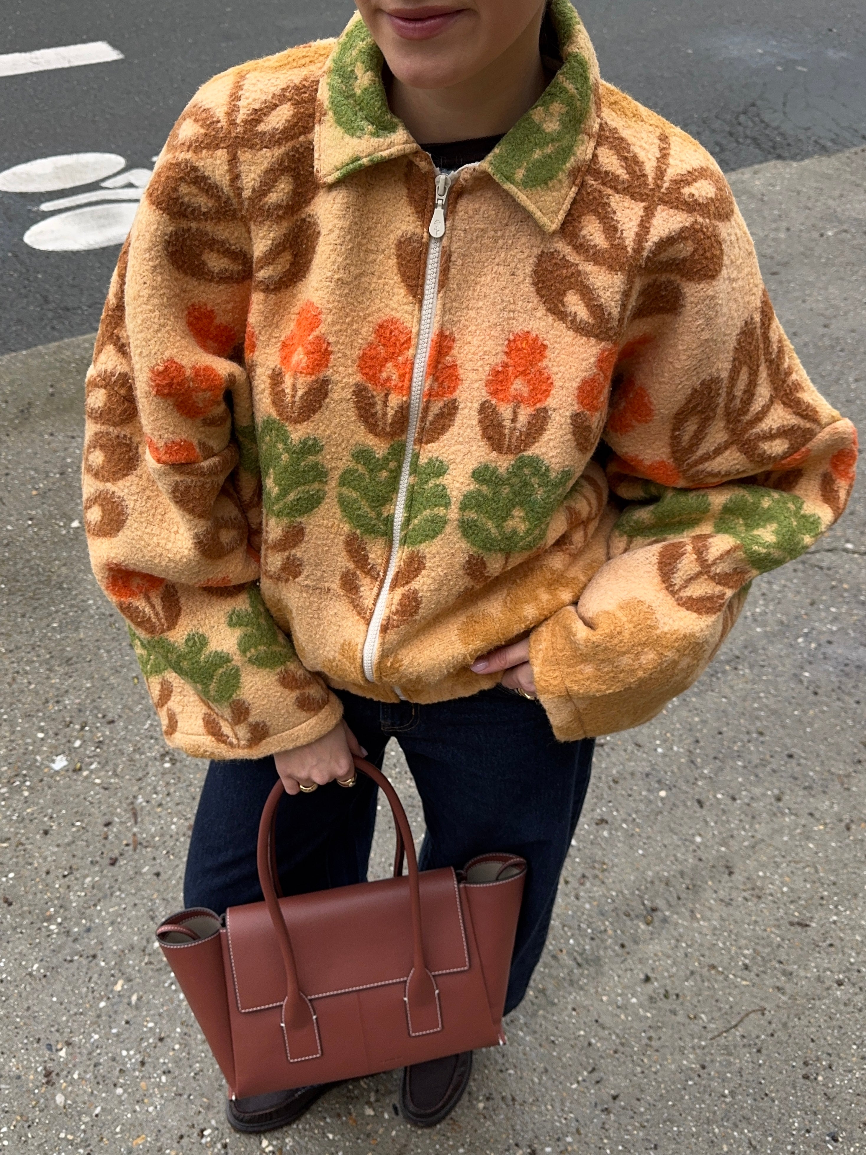 Bomber upcyclé laine beige à motifs colorés vintage