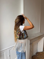 Sac upcyclé à motifs et franges