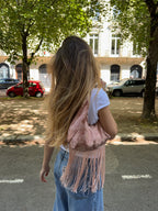 Sac upcyclé satiné rosé à motifs et franges vintage - petit