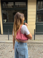 Sac upcyclé rouge à carreaux et perles vintage - petit