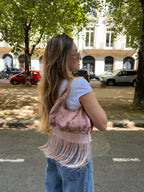 Sac upcyclé satiné rosé à motifs et franges vintage - petit