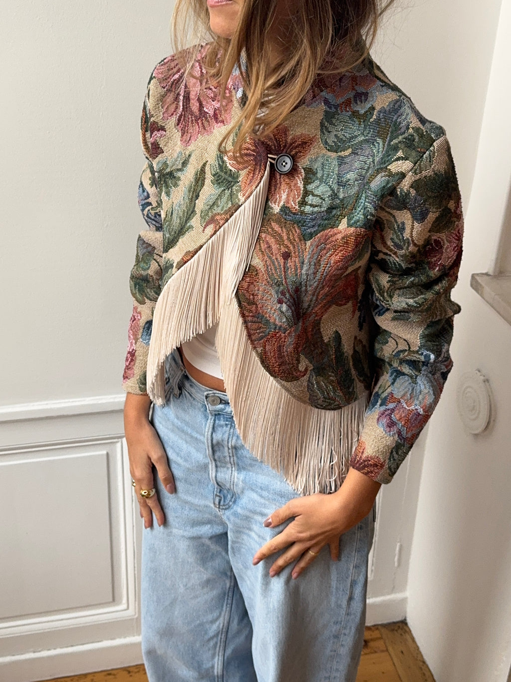 Upcycled patterned cropped jacket with fringe