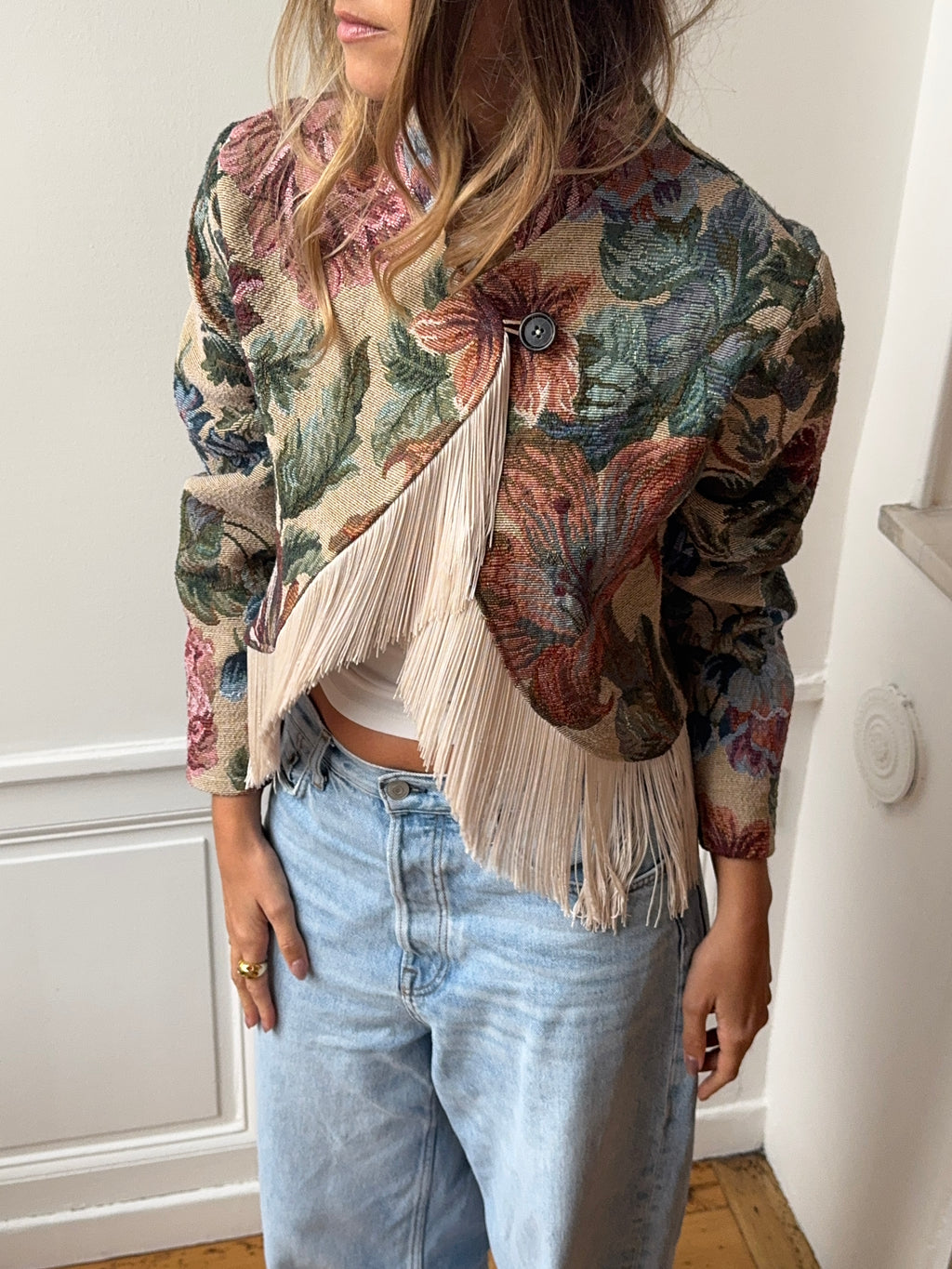 Upcycled patterned cropped jacket with fringe