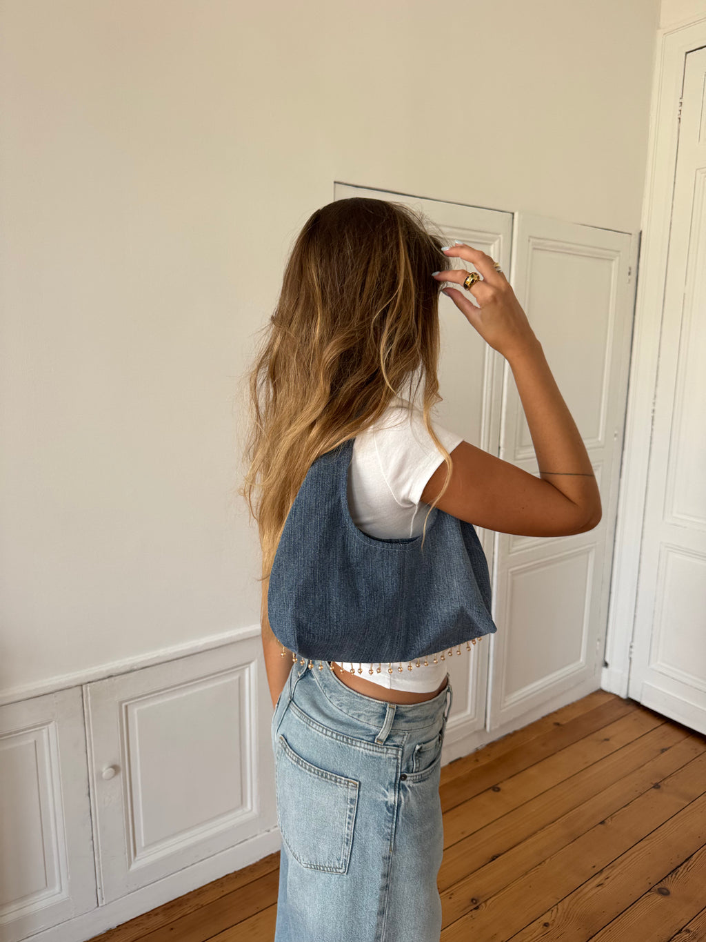 Sac upcyclé denim et perles