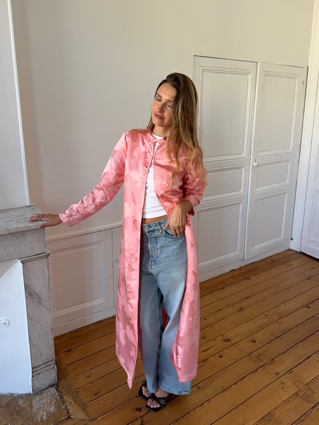 Veste longue upcyclée satinée rose - M