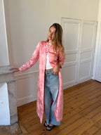 Veste longue upcyclée satinée rose - M