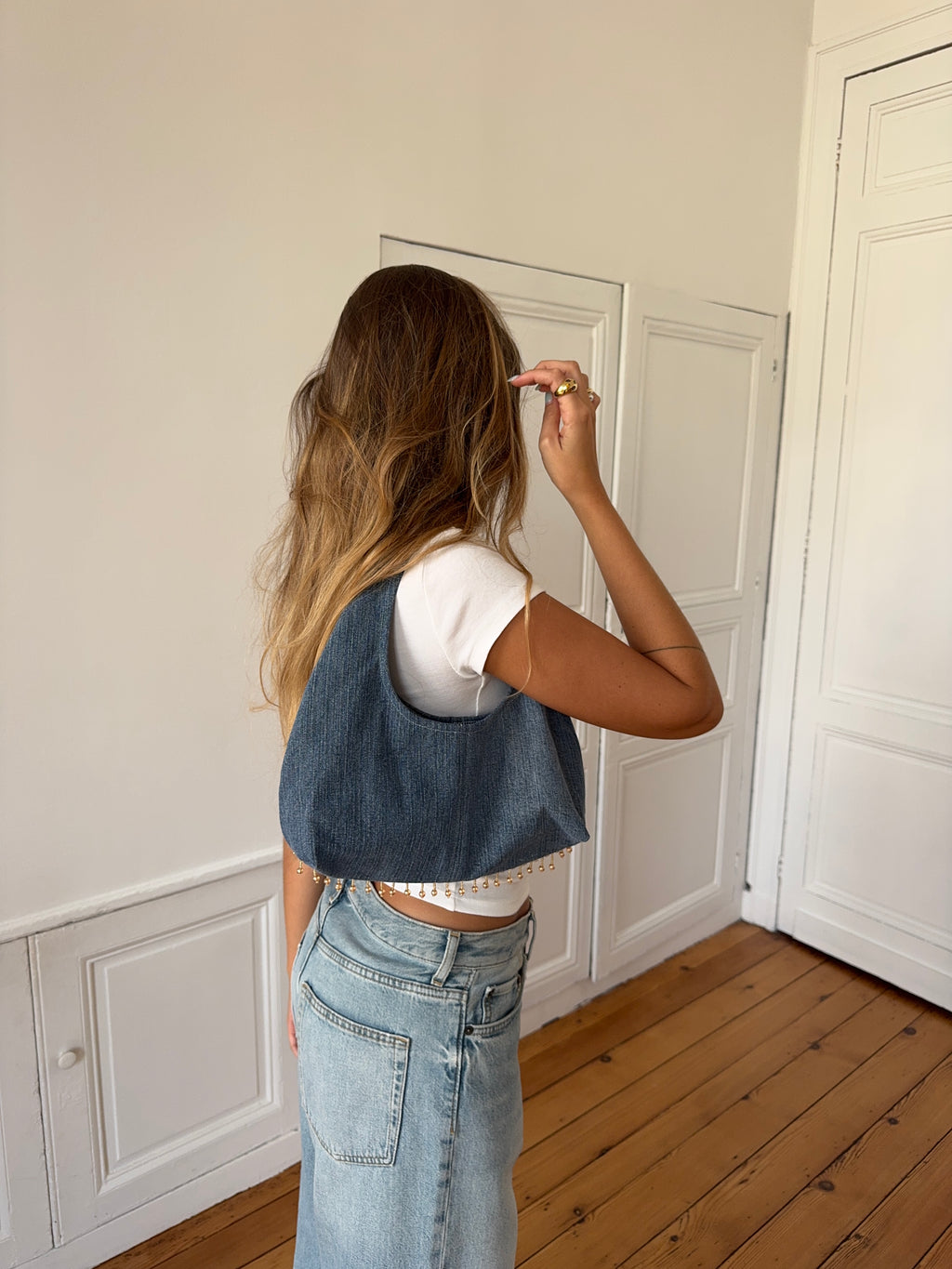 Sac upcyclé denim et perles