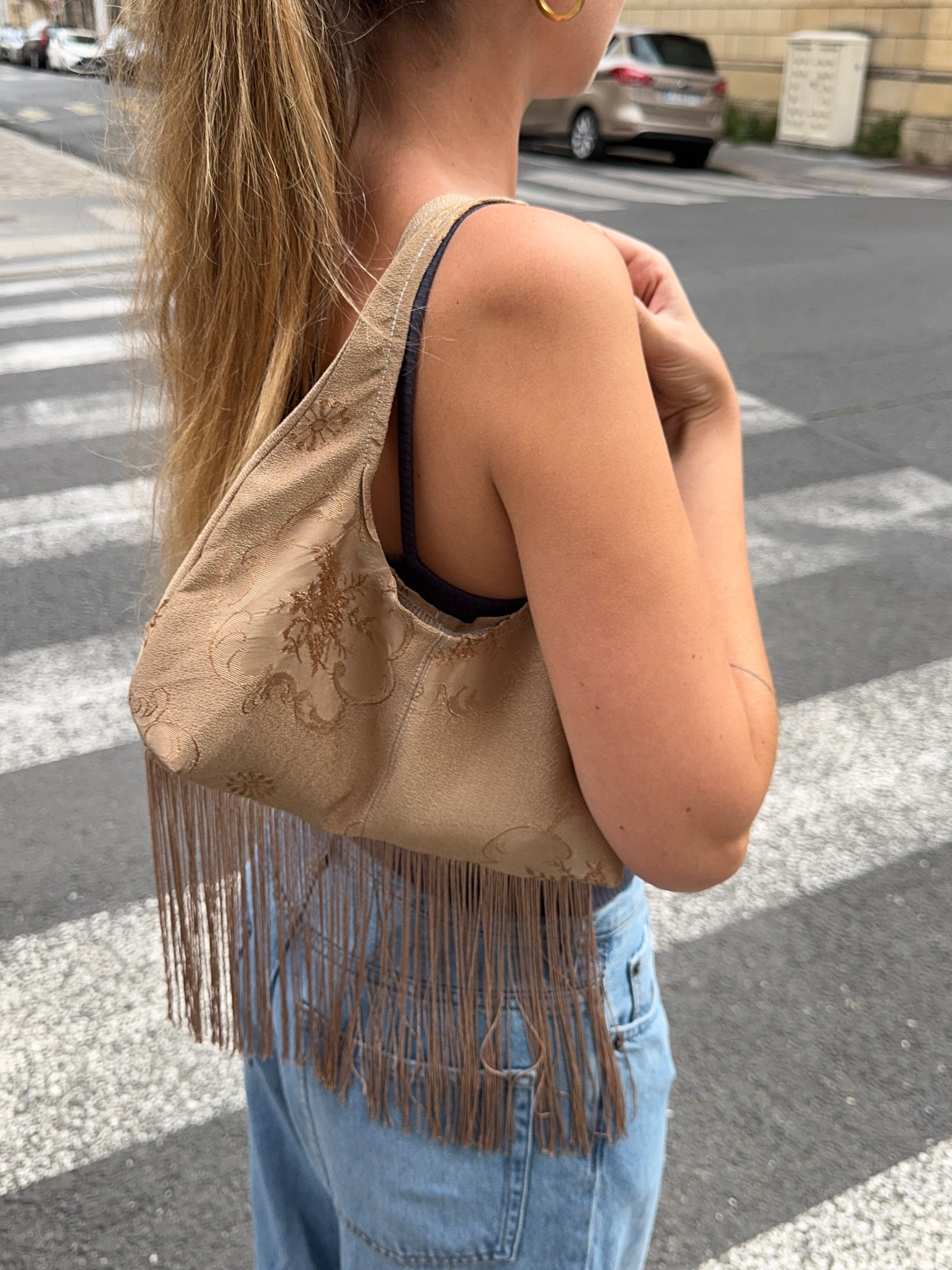 Sac upcyclé cuivré à motifs et franges vintage - petit