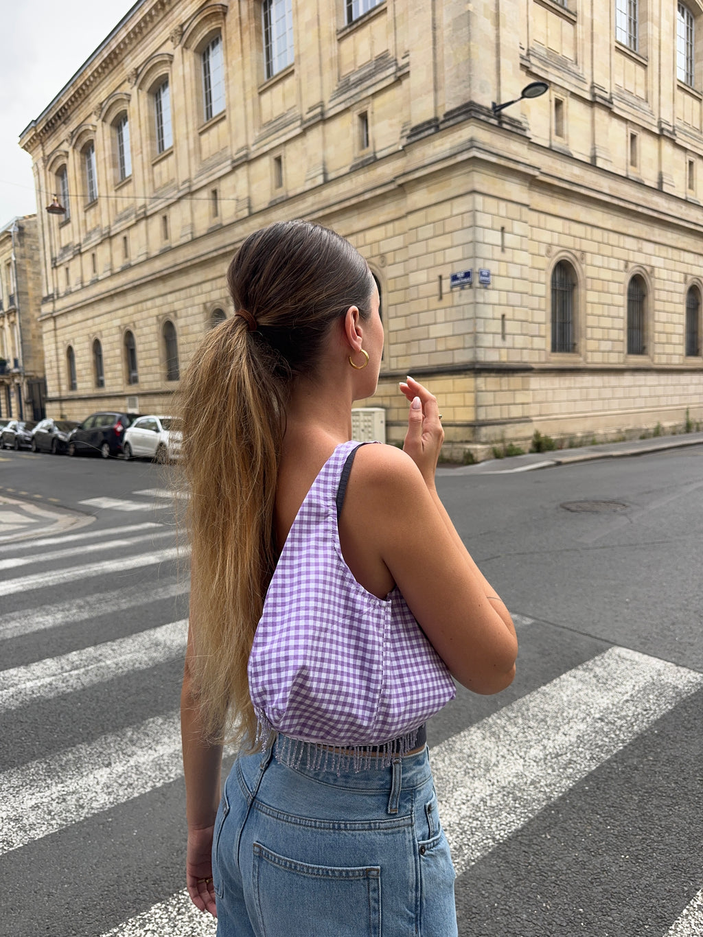 Sac upcyclé vichy violet et franges vintage - petit