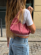 Sac upcyclé rouge à carreaux et perles vintage - petit