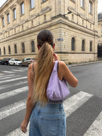 Sac upcyclé vichy violet et franges vintage - petit