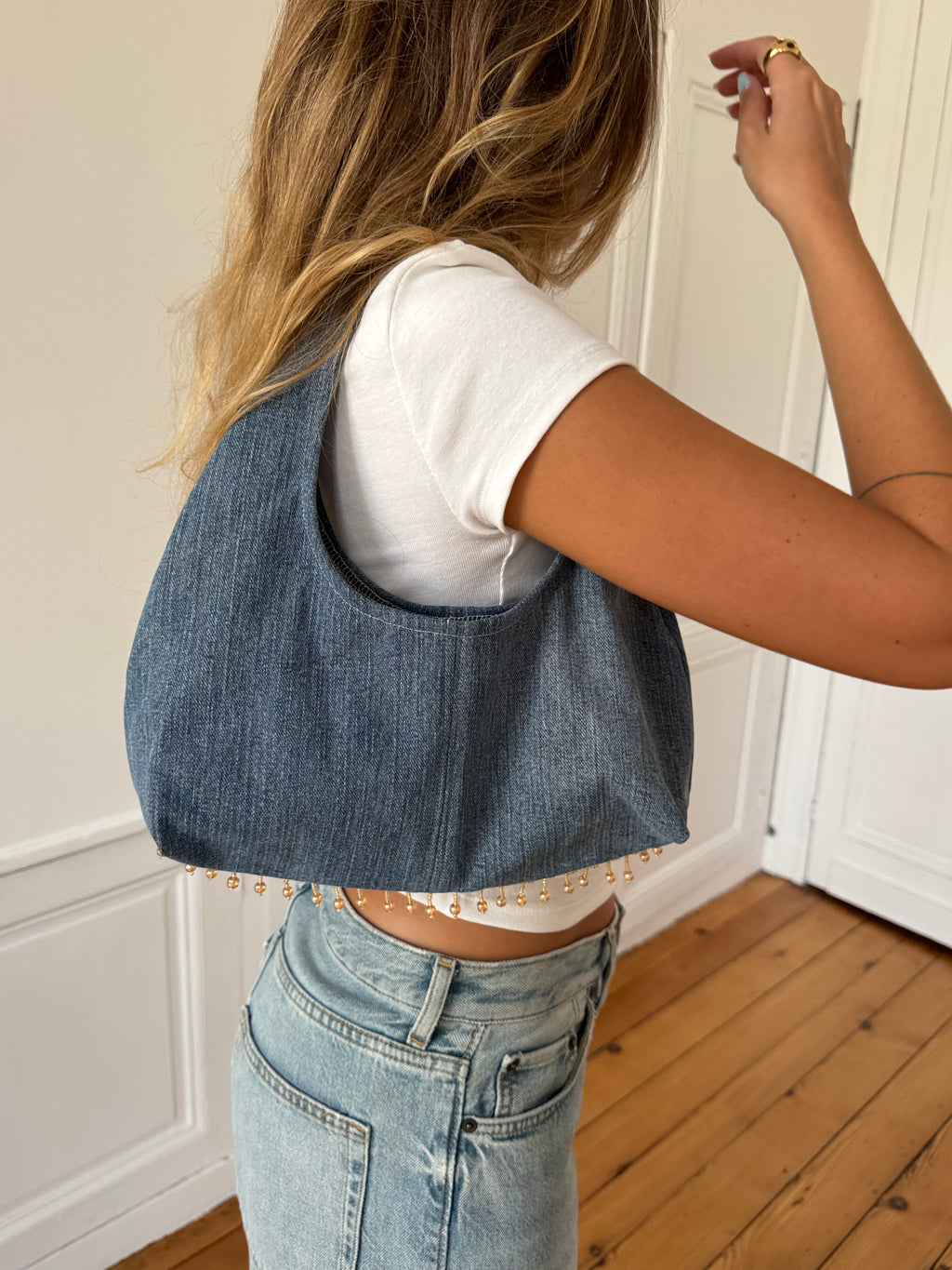Sac upcyclé denim et perles