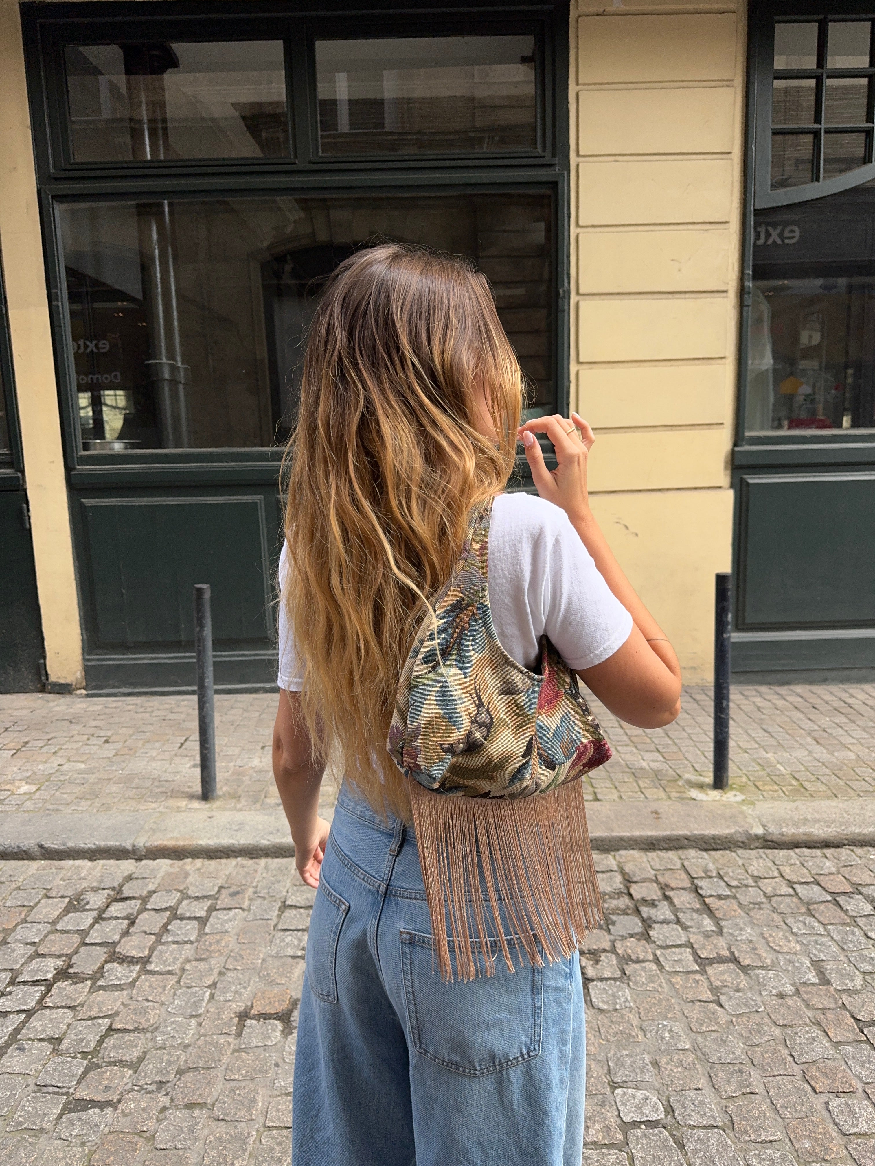 Sac upcyclé à motifs et franges vintage - petit