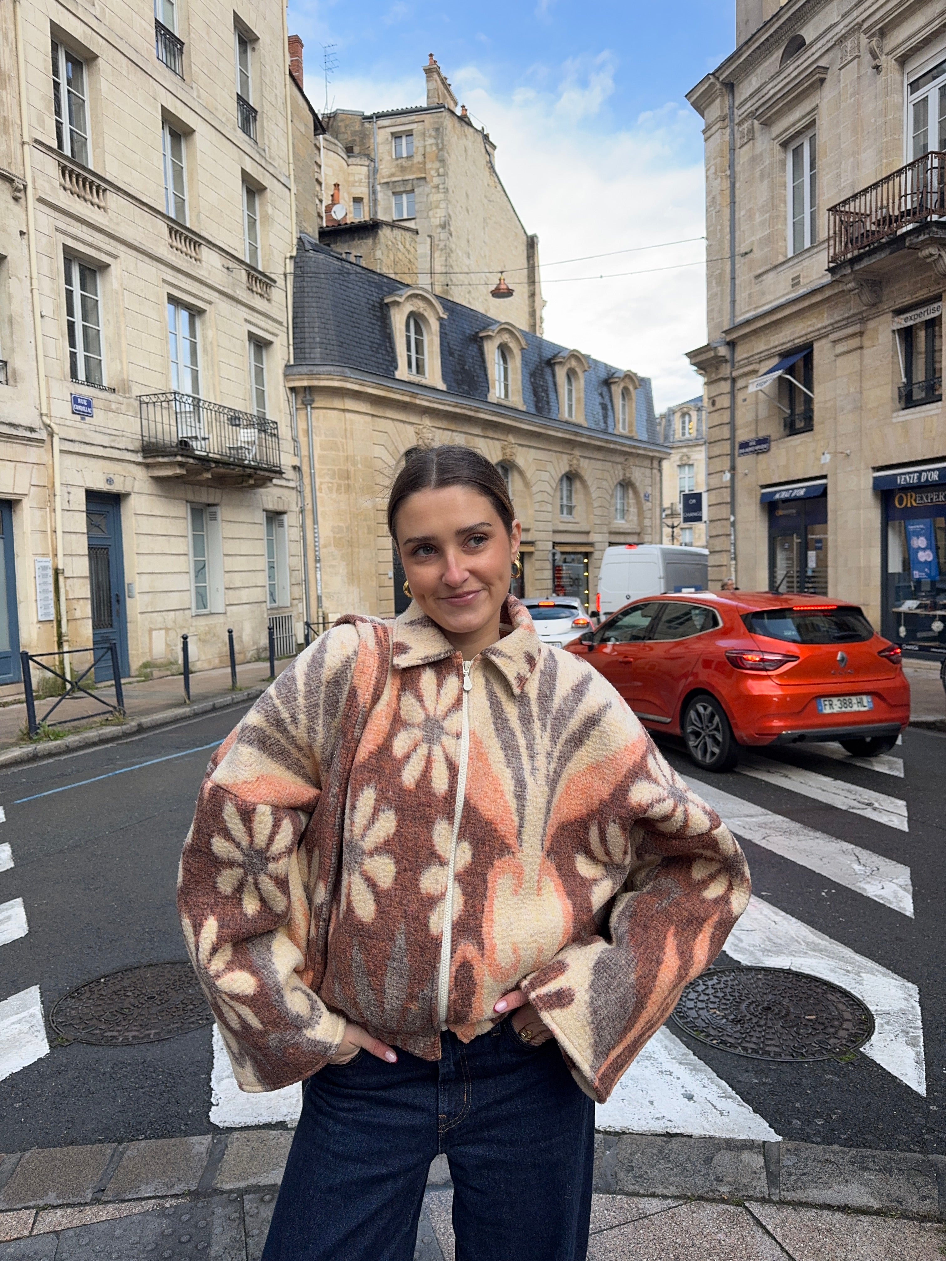 Bomber upcyclé laine à motifs fleurs vintage