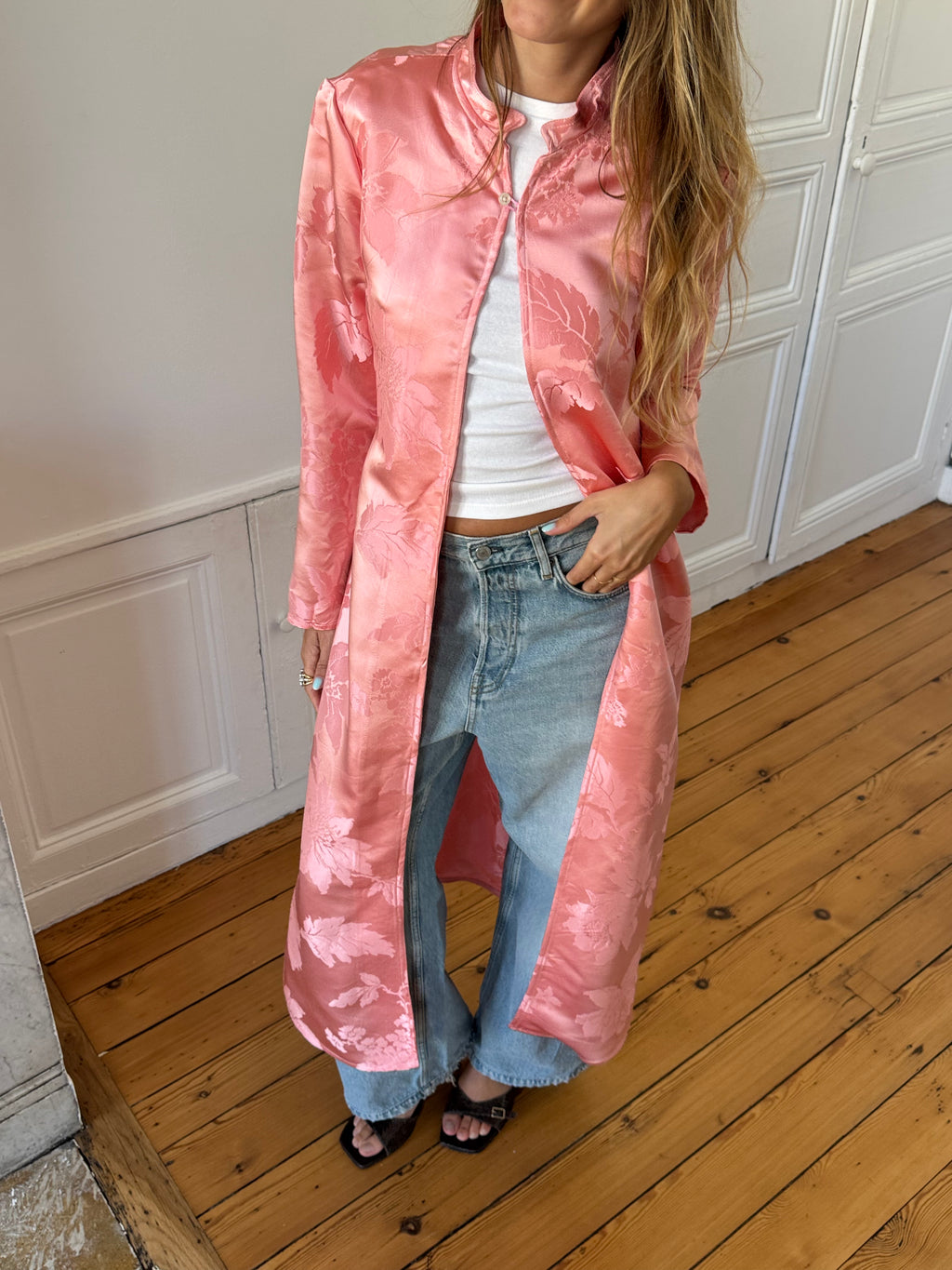 Veste longue upcyclée satinée rose - M