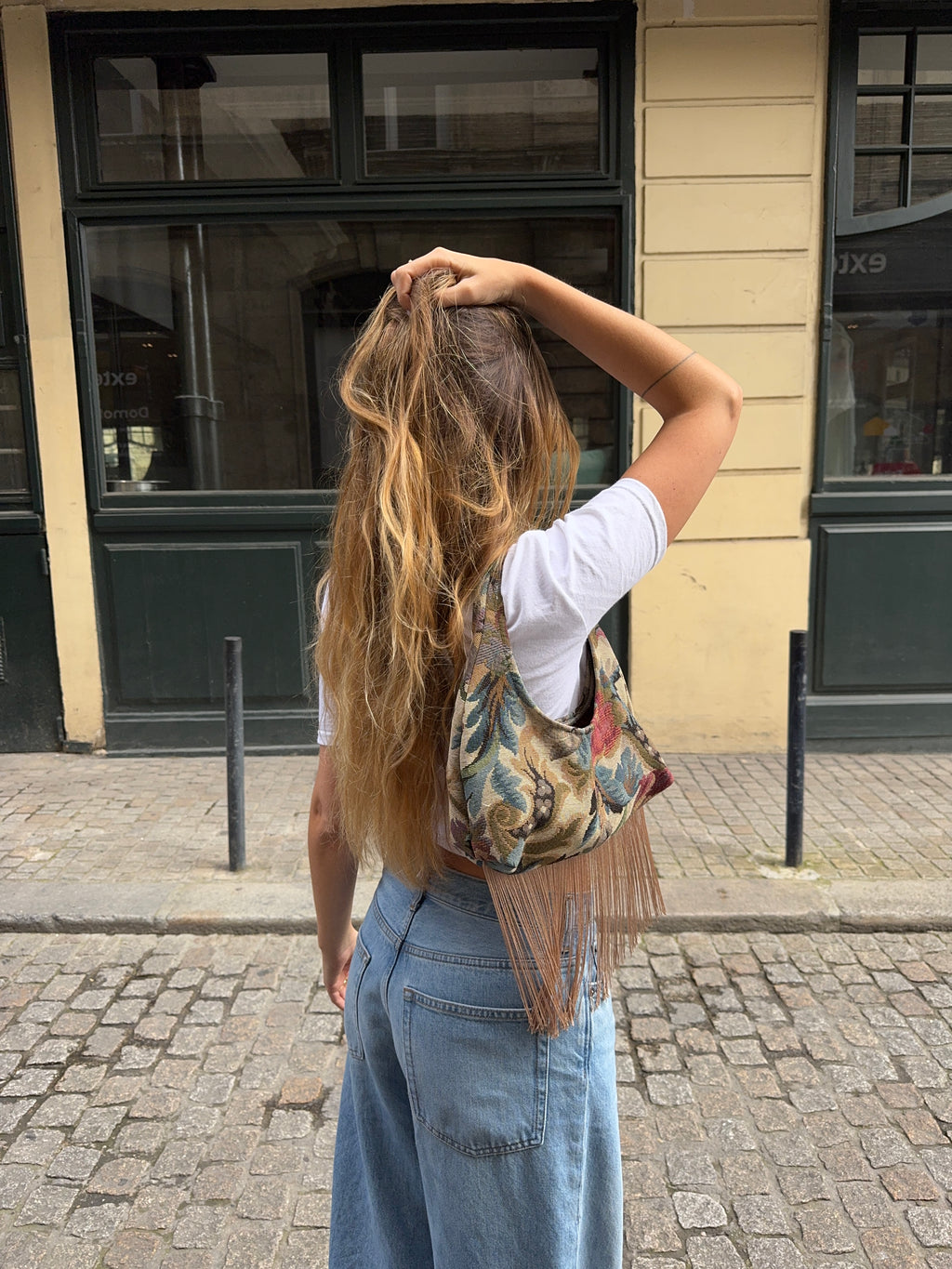Sac upcyclé à motifs et franges vintage - petit
