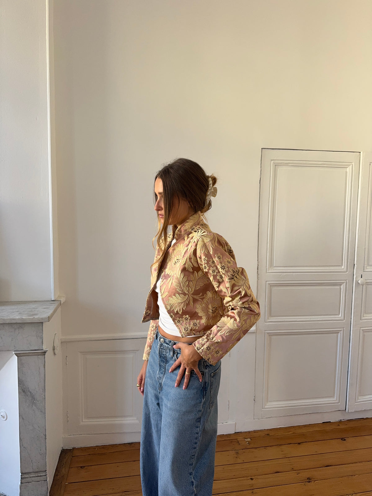 Veste courte upcyclée satinée cuivrée