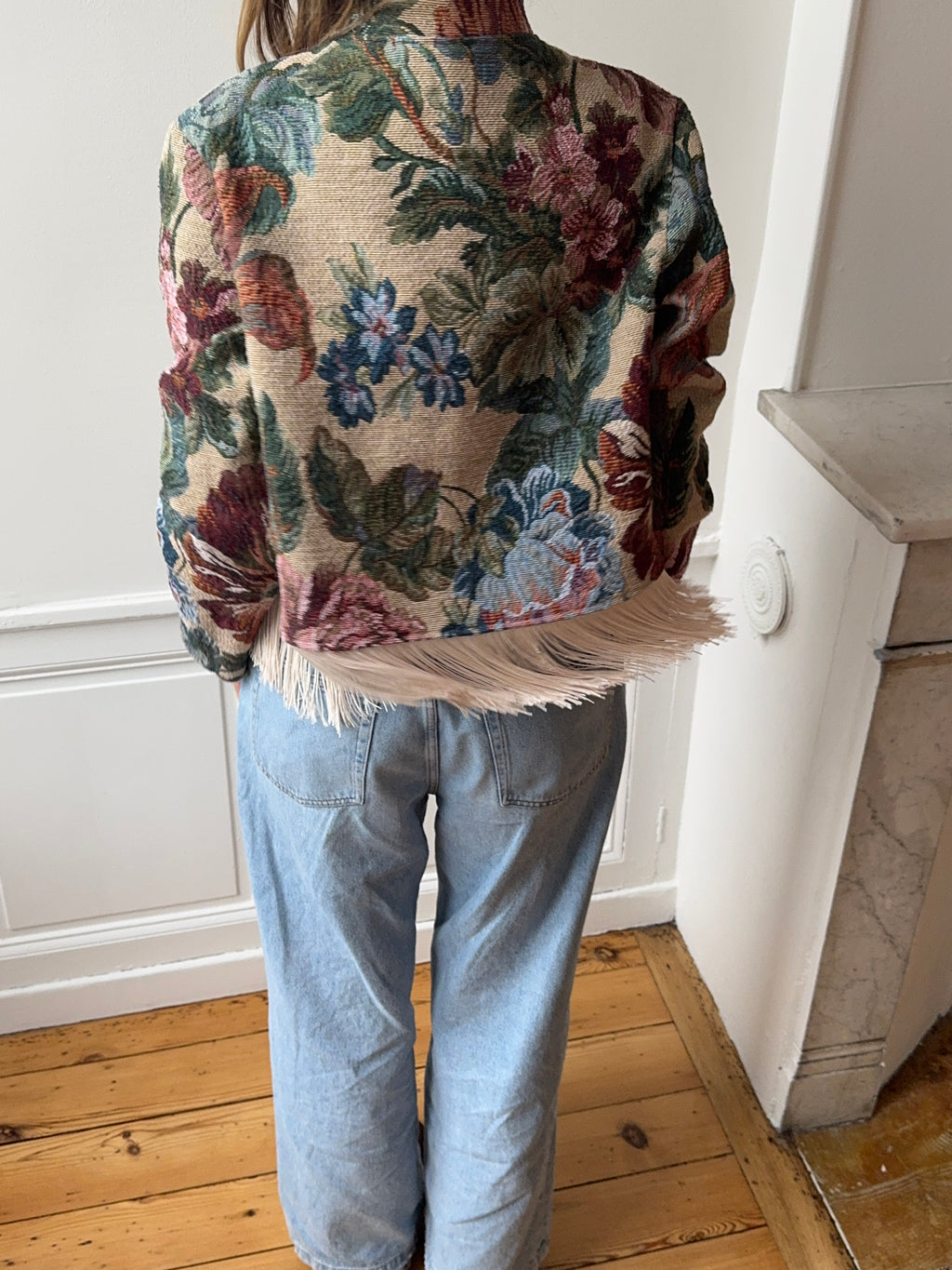 Upcycled patterned cropped jacket with fringe