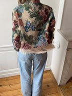 Upcycled patterned cropped jacket with fringe