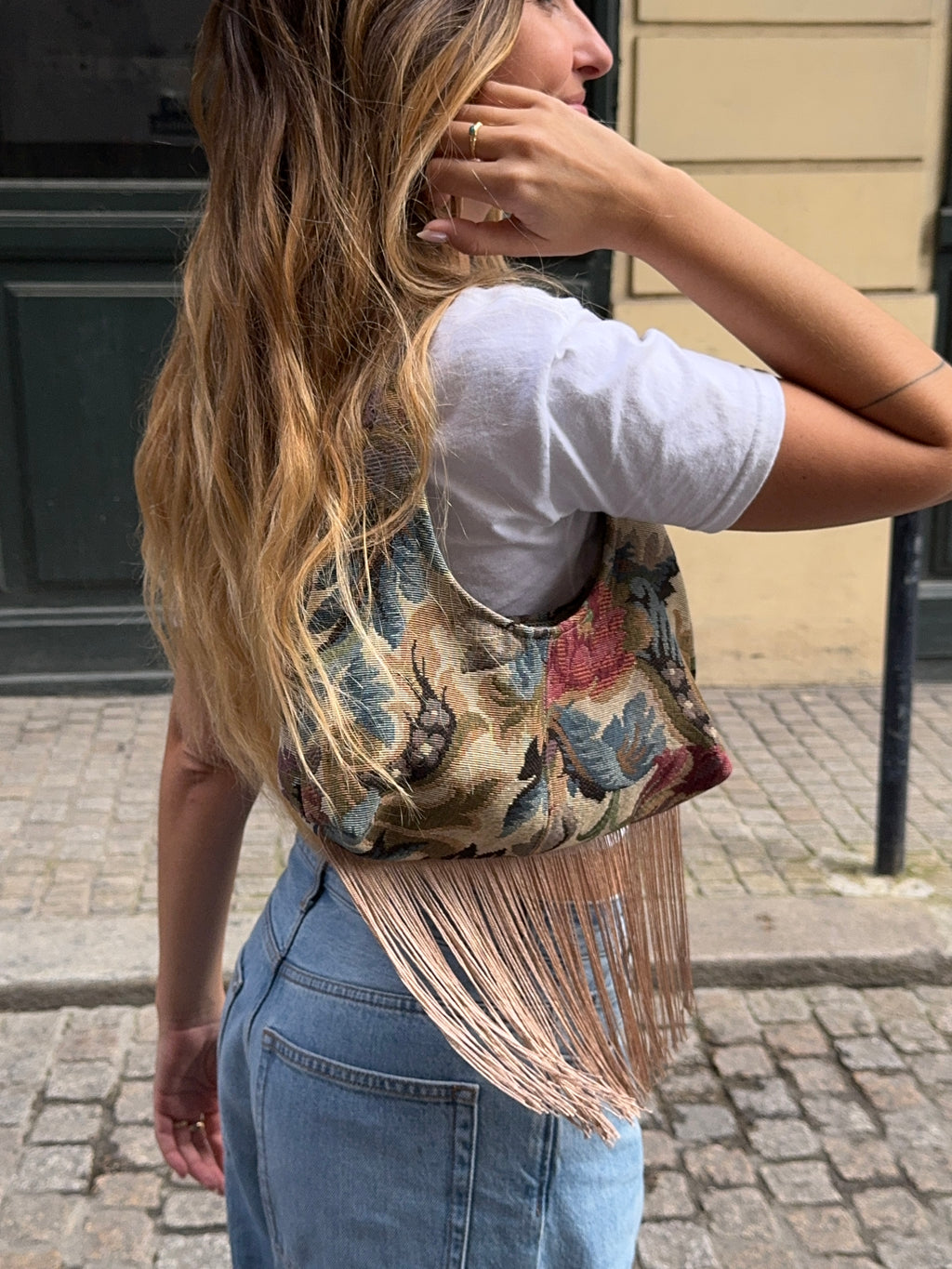 Sac upcyclé à motifs et franges vintage - petit