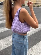 Sac upcyclé vichy violet et franges vintage - petit