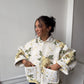 Veste upcyclée matelassée blanche à fleurs jaunes