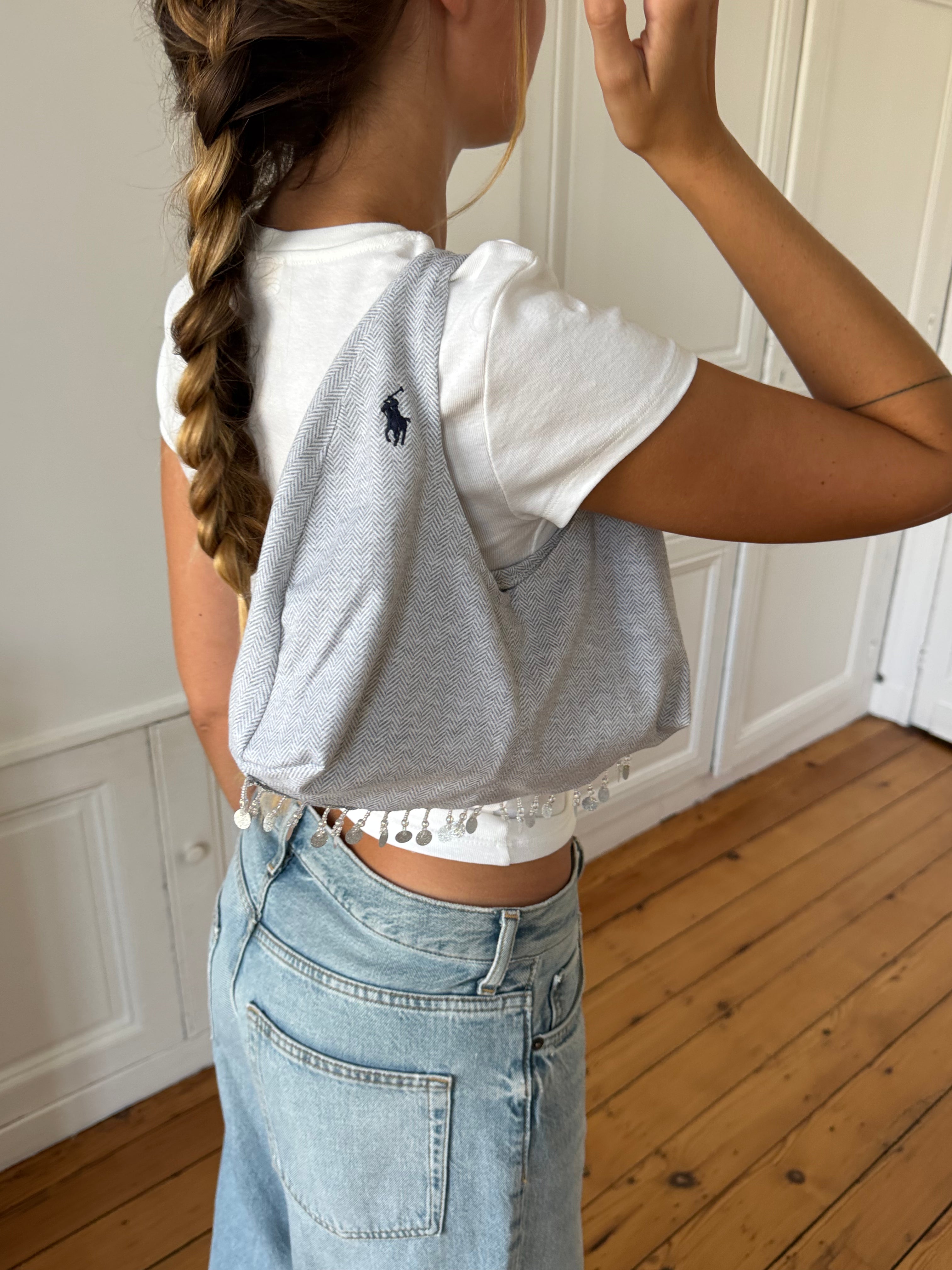 Sac upcyclé gris chiné et franges