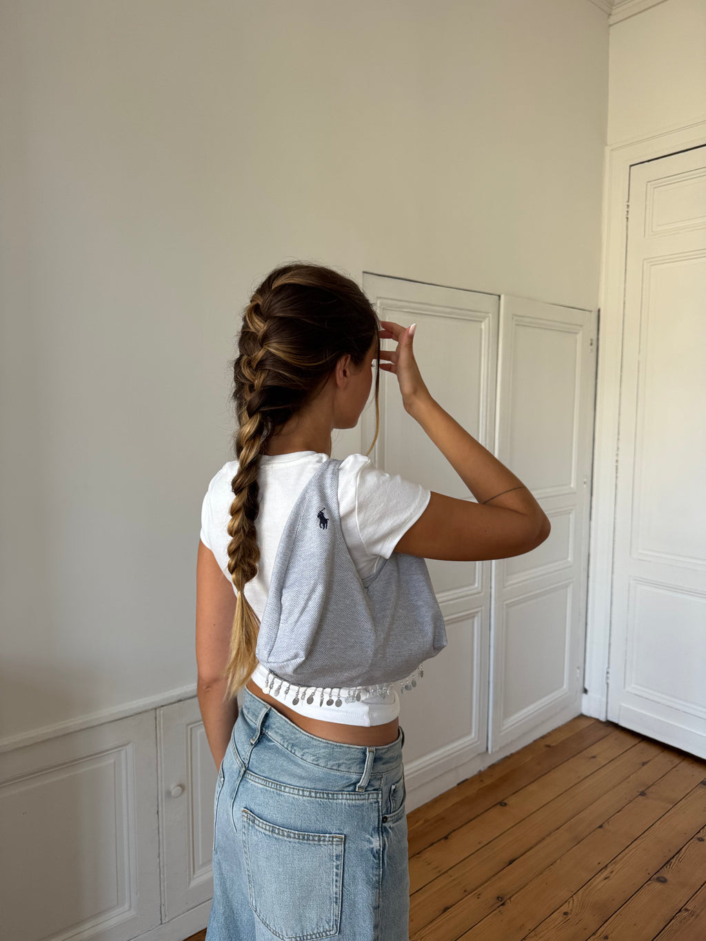 Sac upcyclé gris chiné et franges
