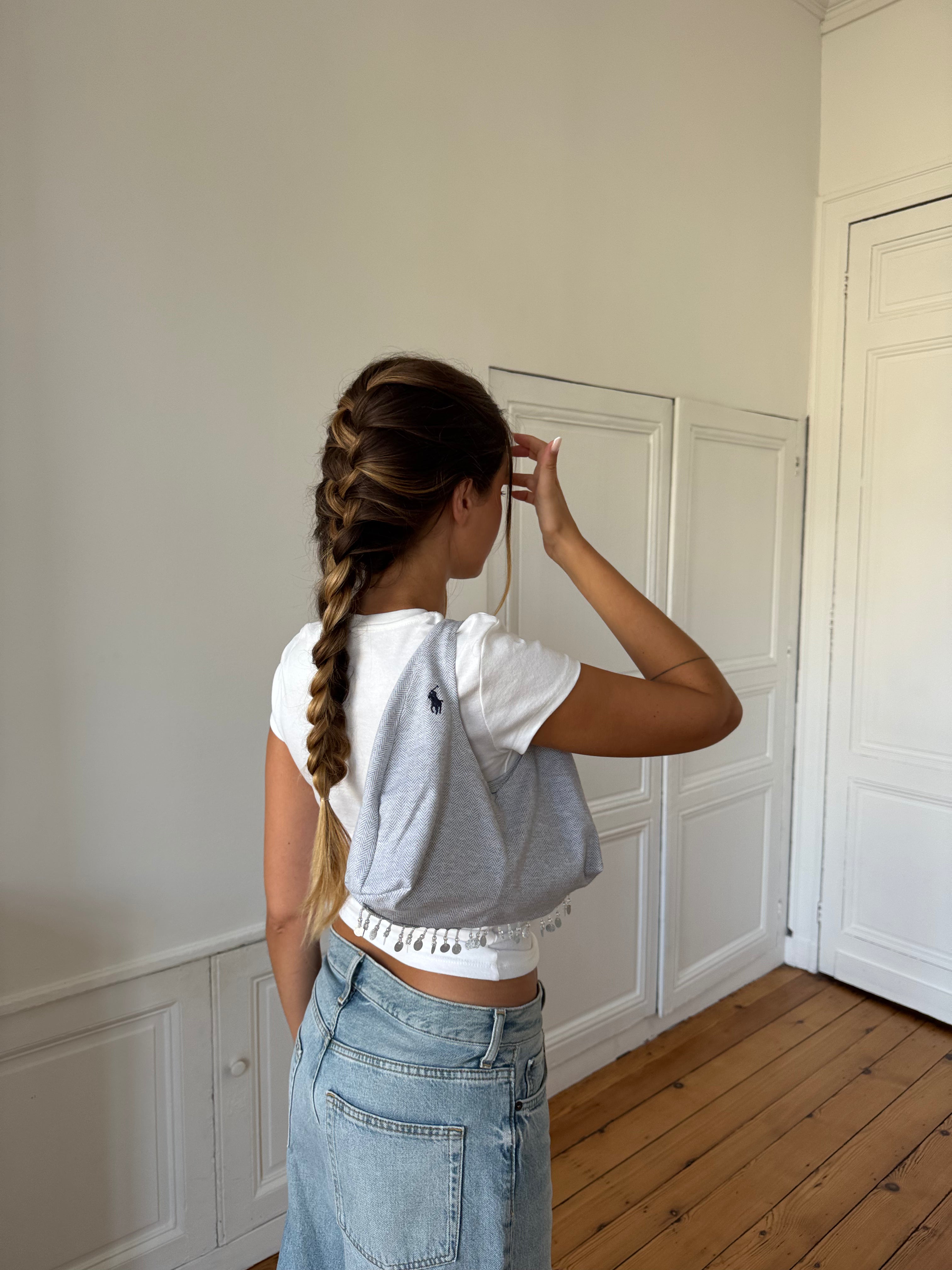 Sac upcyclé gris chiné et franges