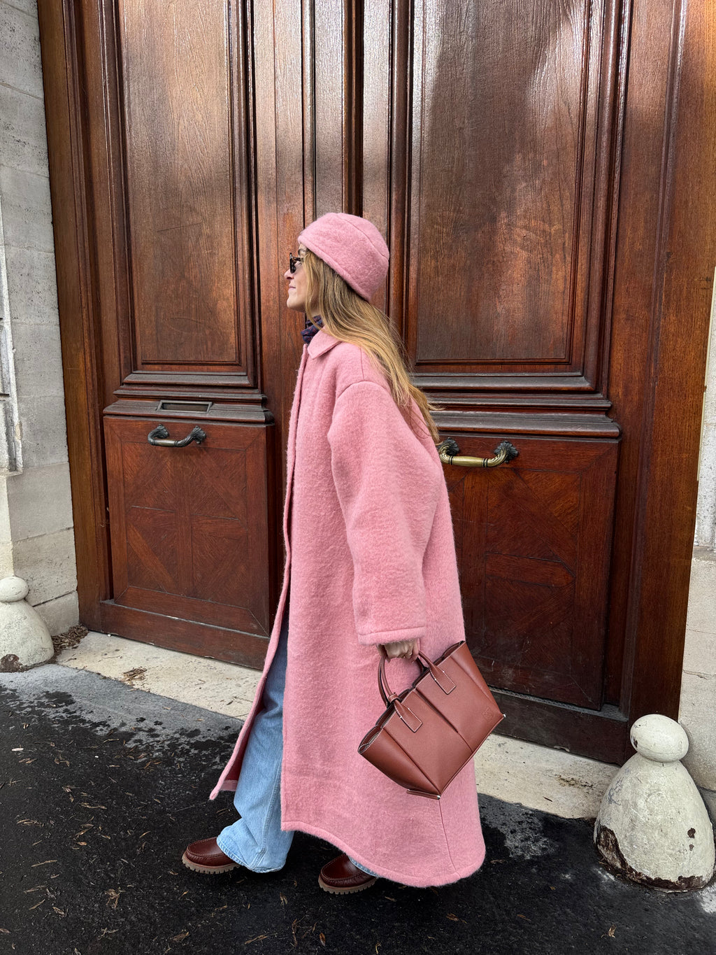 Manteau long upcyclé laine rose vintage