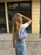 Sac upcyclé vichy bleu et perles vintage - petit