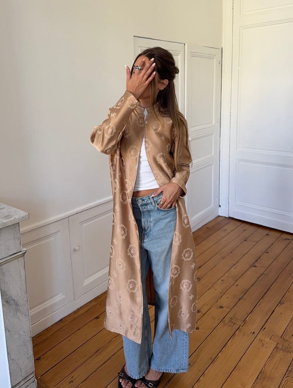 Veste longue upcyclée satinée cuivrée - M