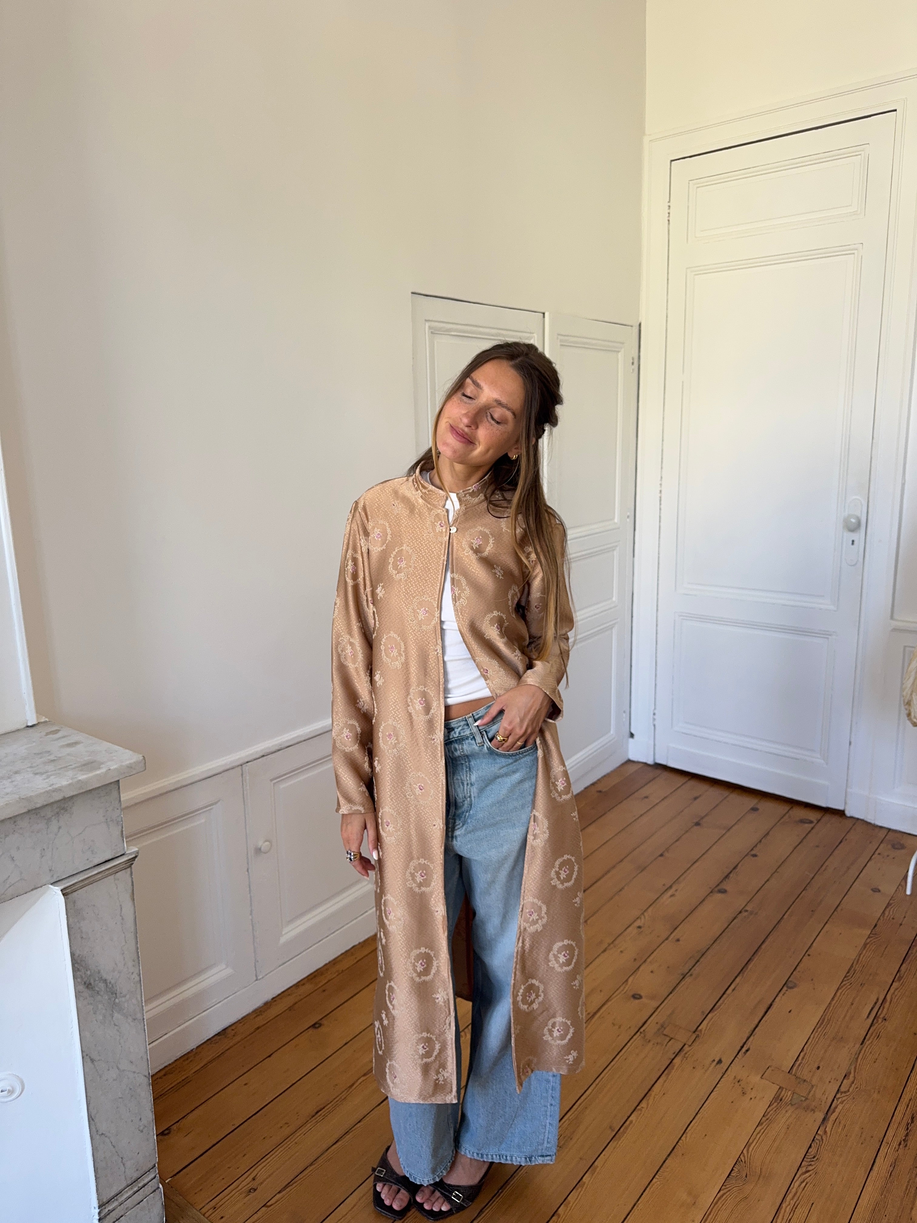 Veste longue upcyclée satinée cuivrée - M