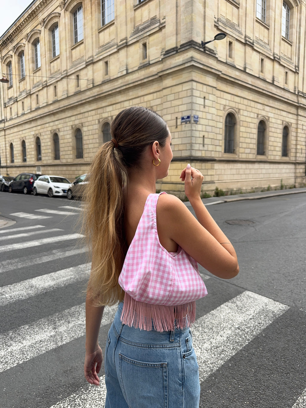 Sac upcyclé vichy rose et franges vintage - petit