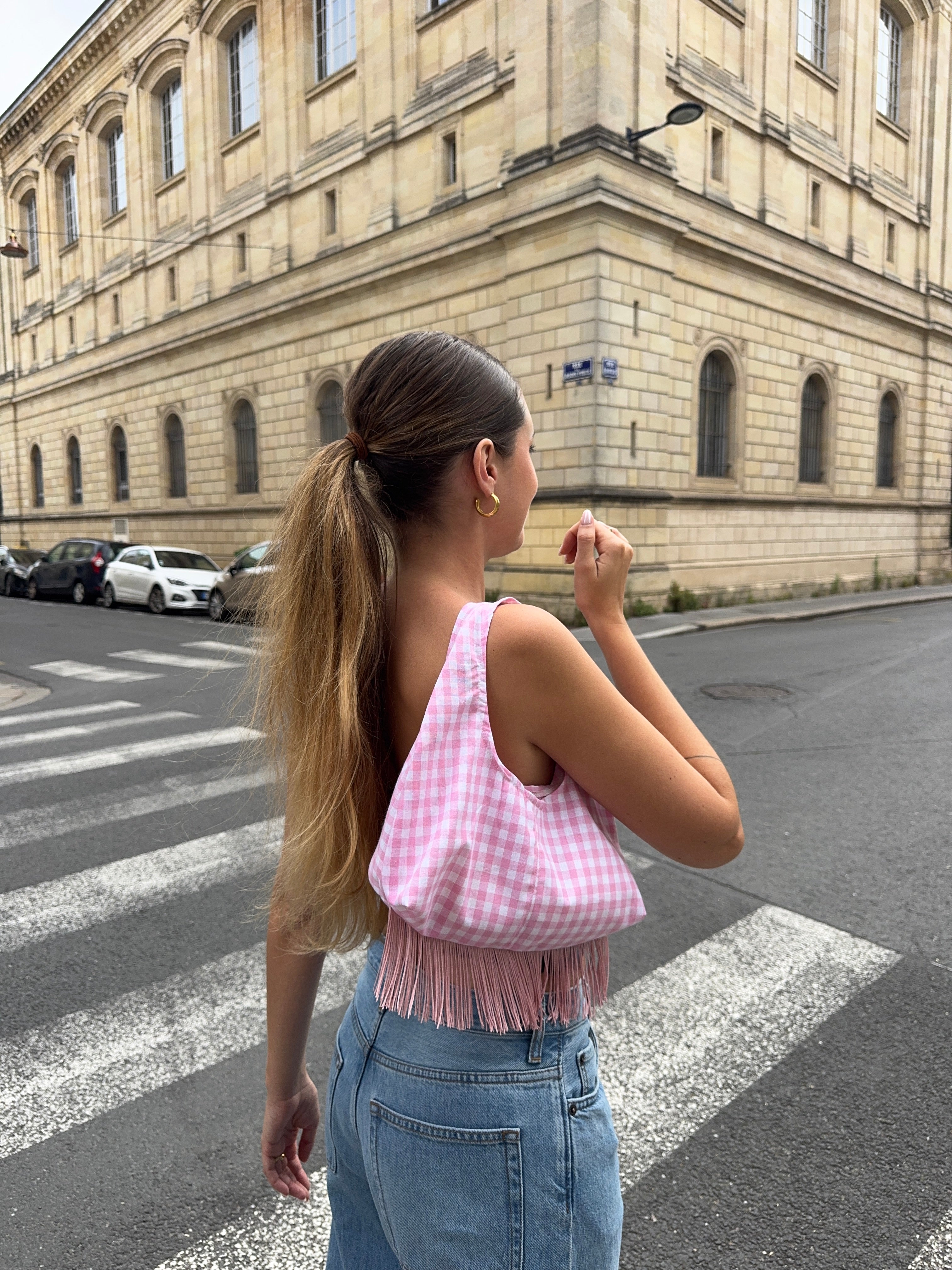 Sac upcyclé vichy rose et franges vintage - petit