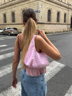 Sac upcyclé vichy rose et franges vintage - petit
