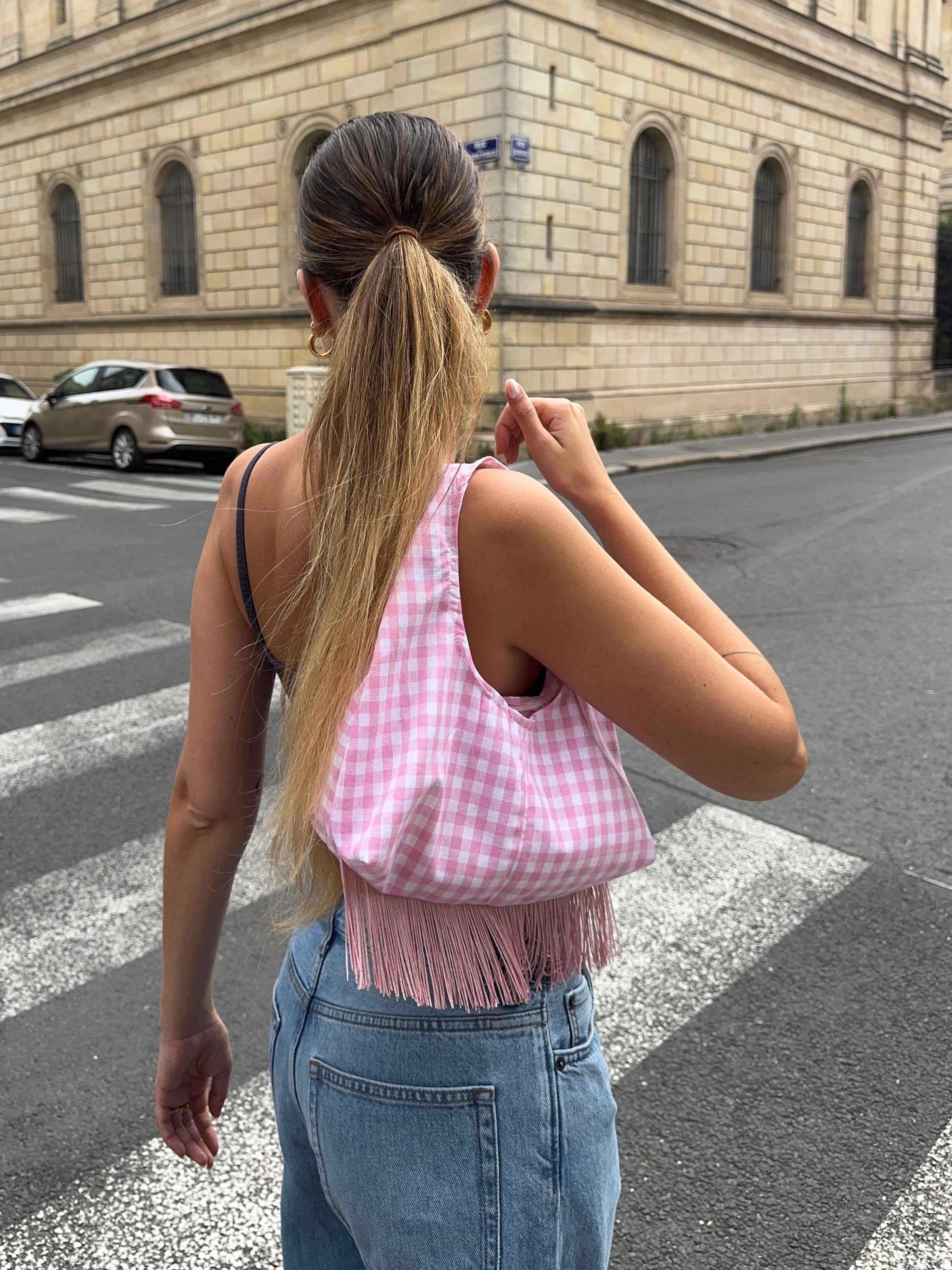 Sac upcyclé vichy rose et franges vintage - petit