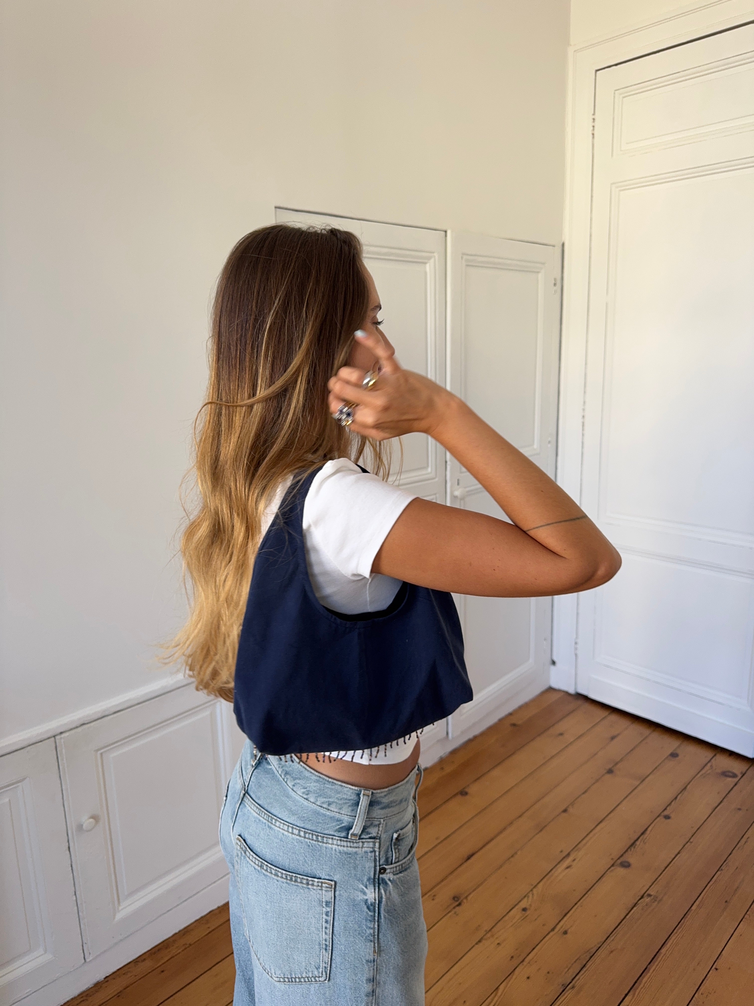 Sac upcyclé marine et franges