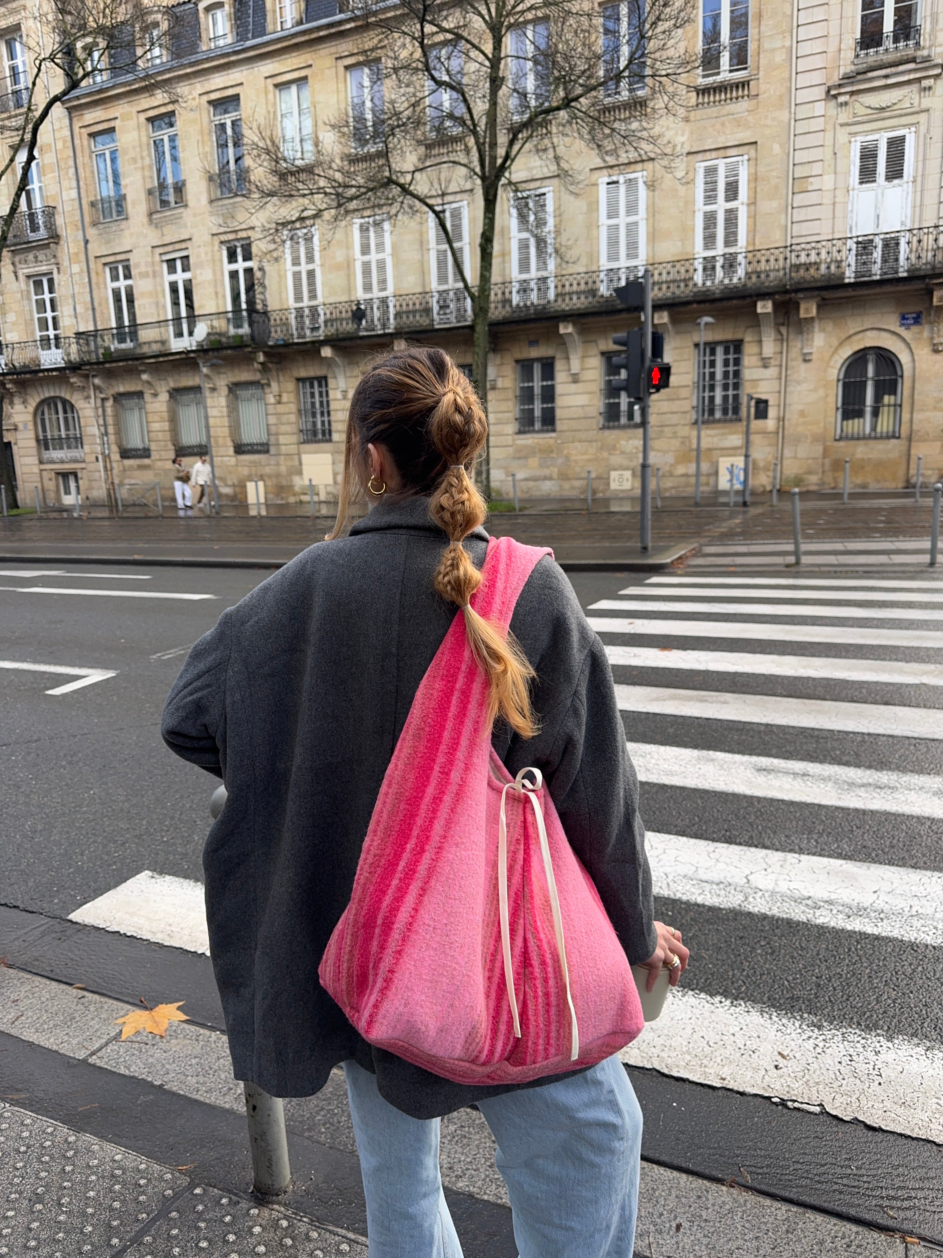 Sac upcyclé laine rose rayée