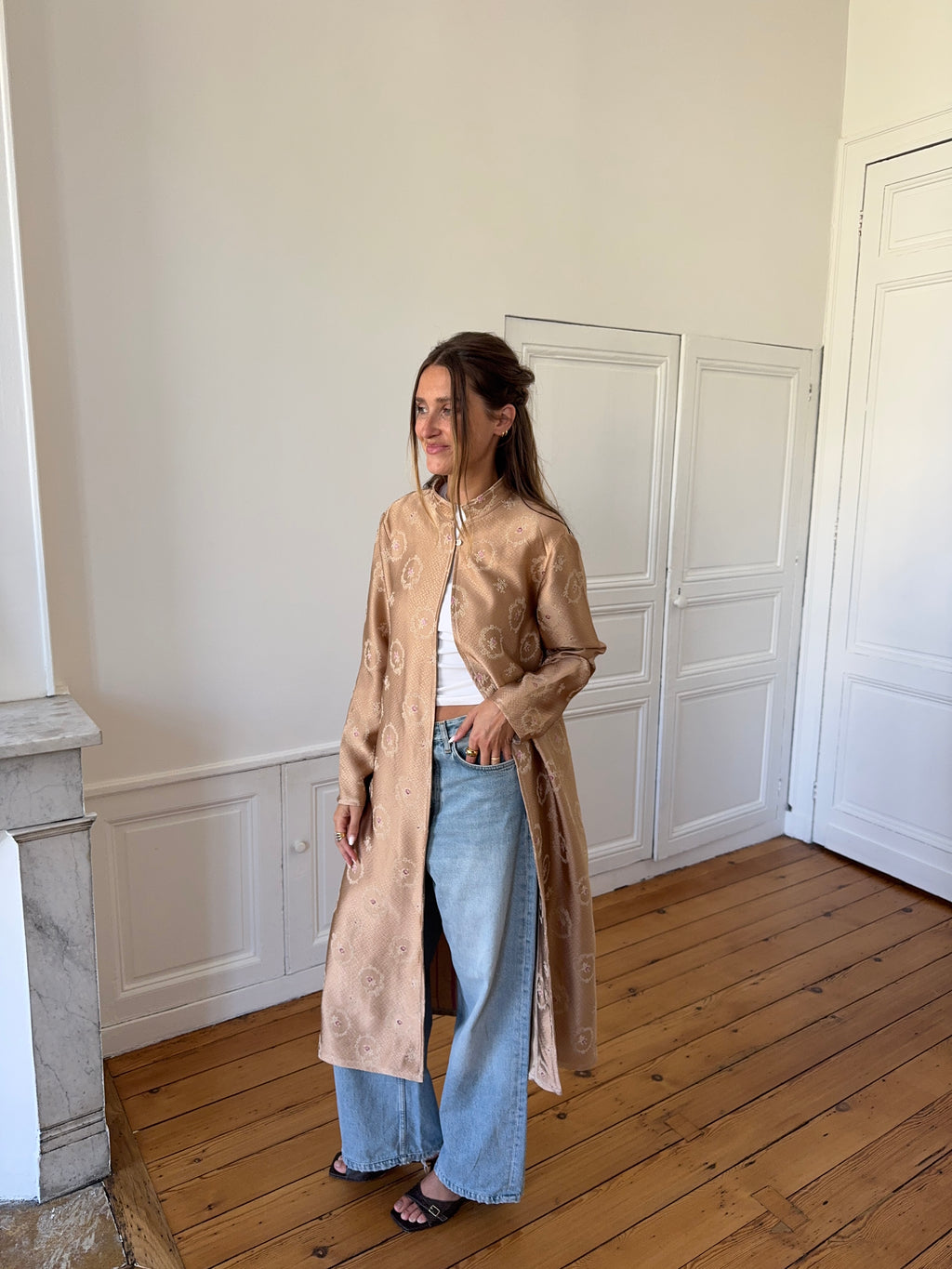 Veste longue upcyclée satinée cuivrée - M