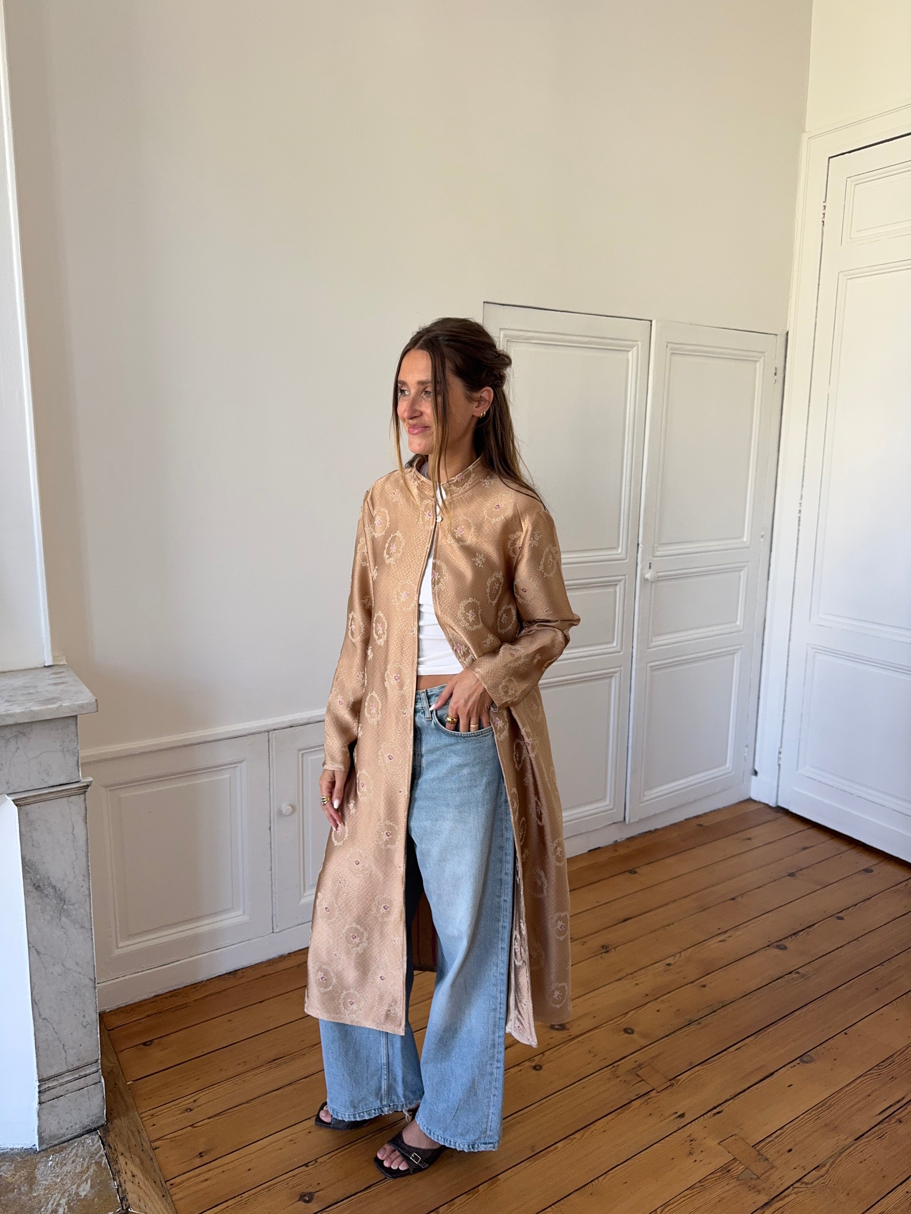 Veste longue upcyclée satinée cuivrée - M