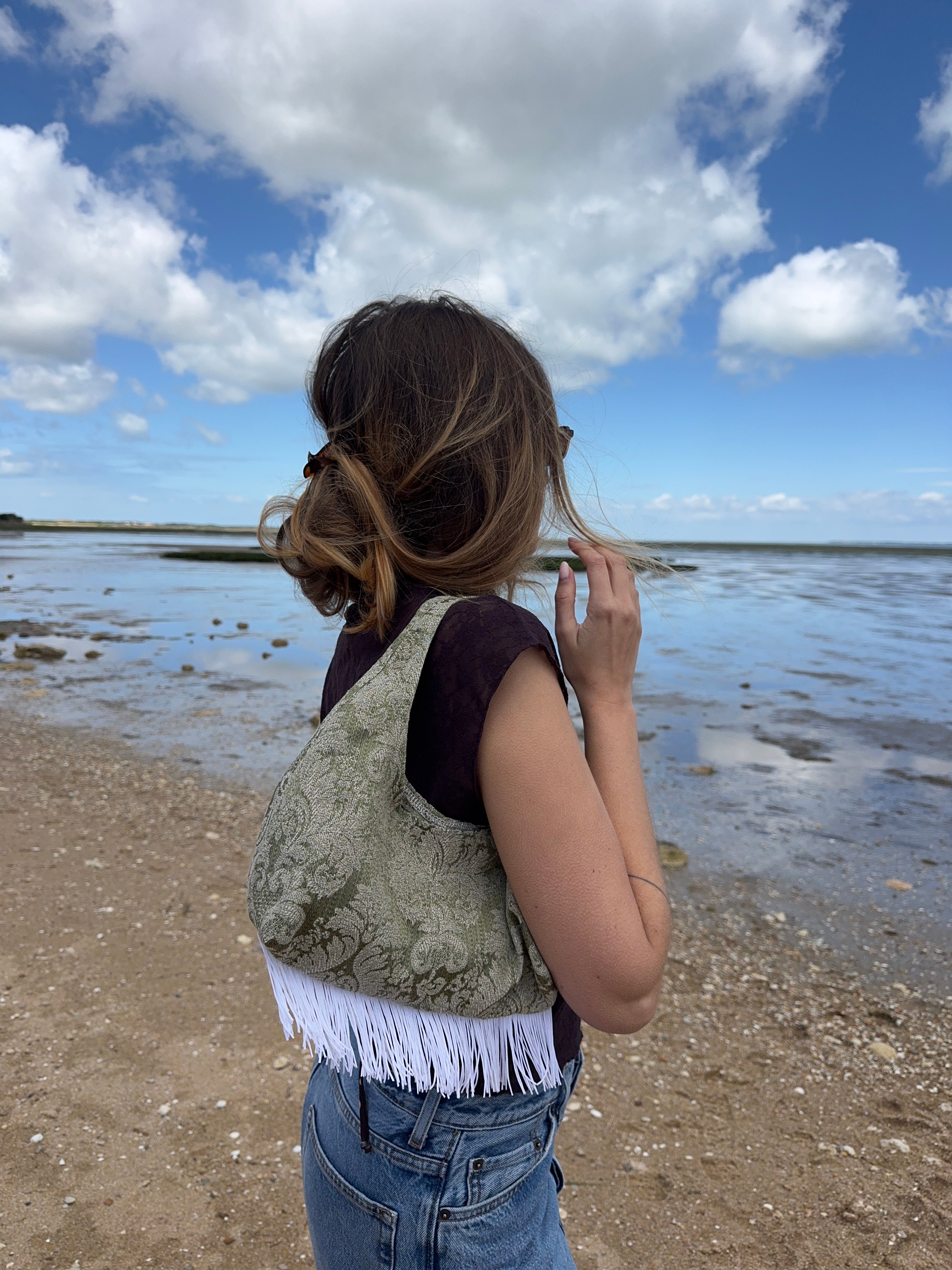 Sac upcyclé vert à motifs et franges vintage - petit