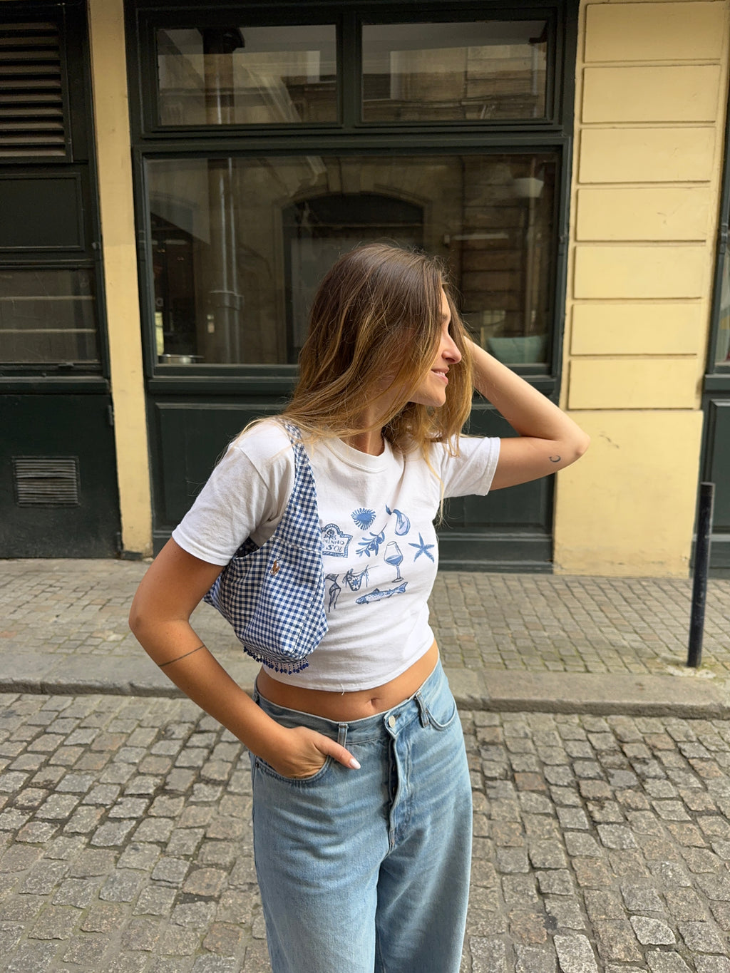 Sac upcyclé vichy bleu et perles vintage - petit