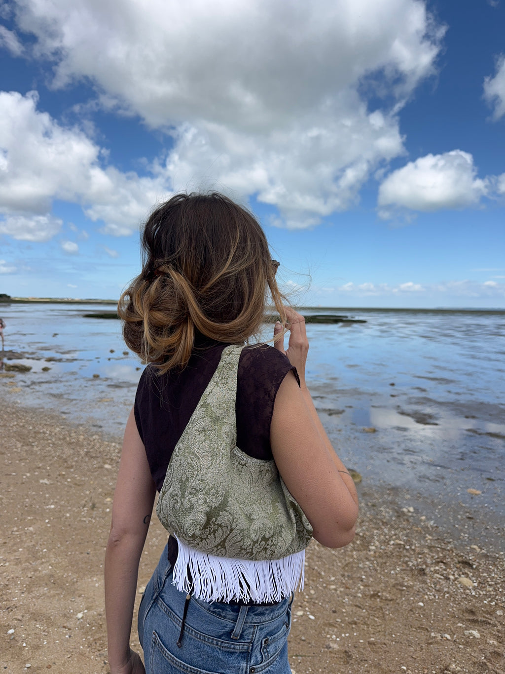 Sac upcyclé vert à motifs et franges vintage - petit