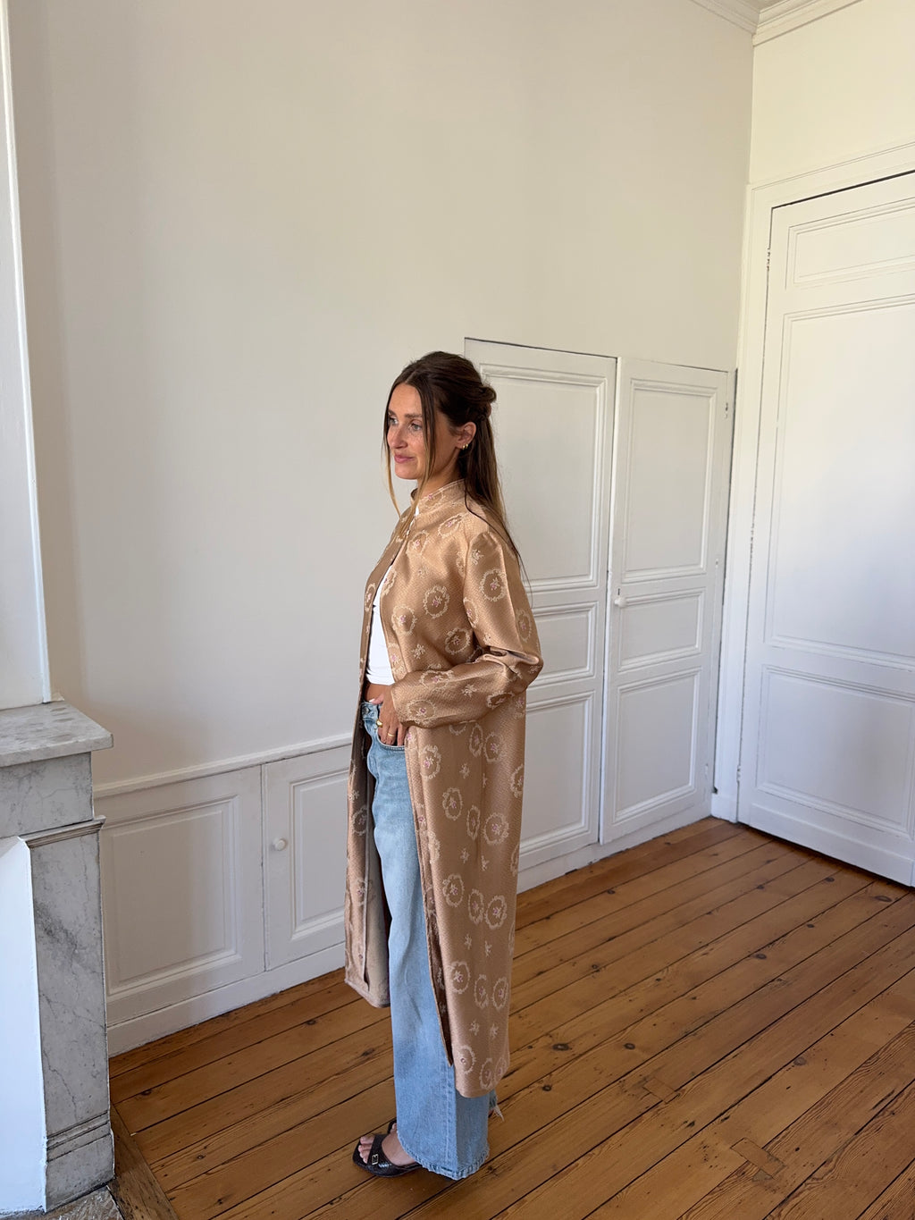 Veste longue upcyclée satinée cuivrée - M