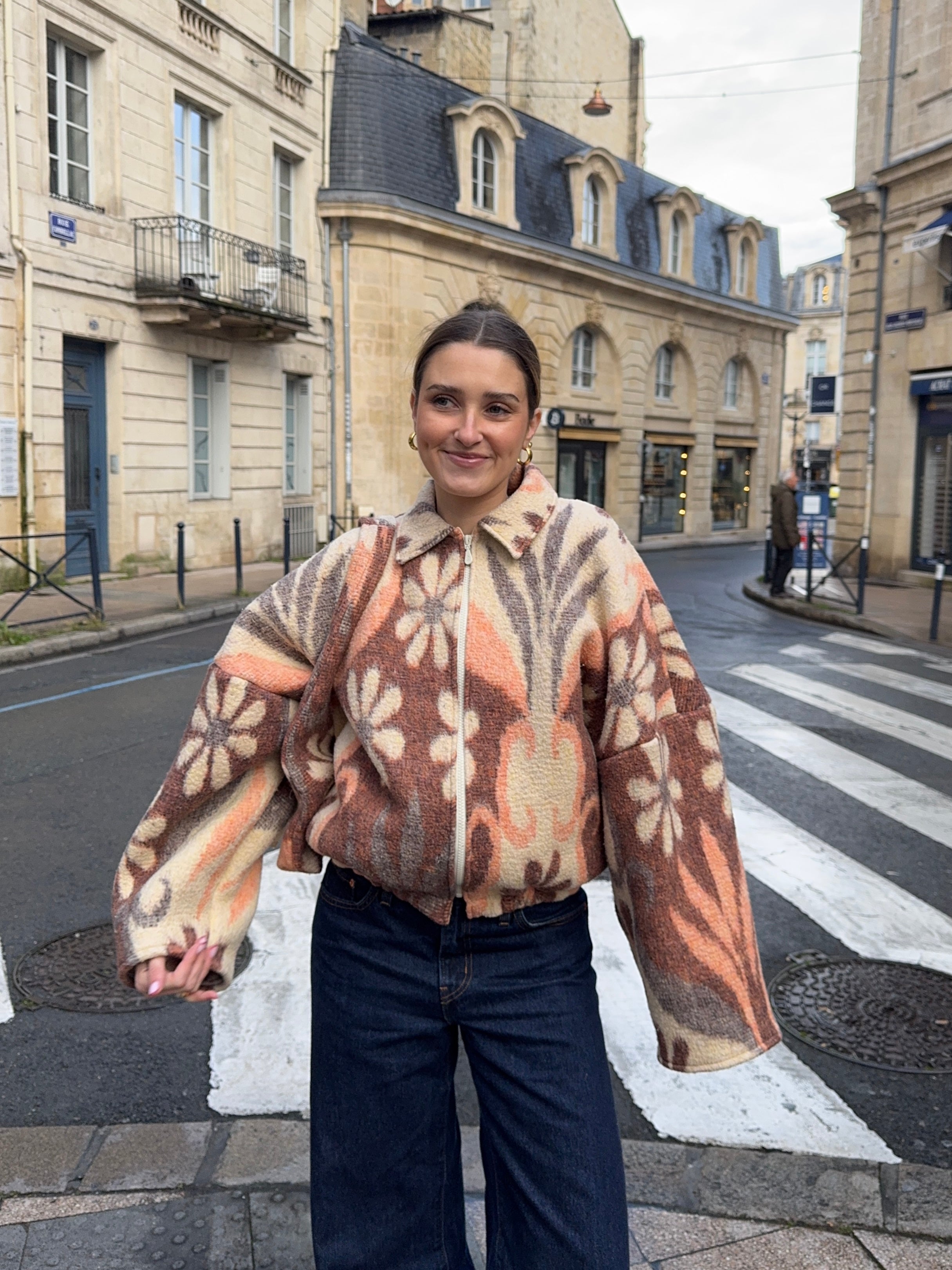 Bomber upcyclé laine à motifs fleurs vintage