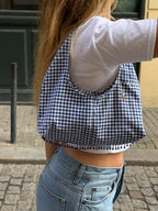 Sac upcyclé vichy bleu et perles vintage - petit