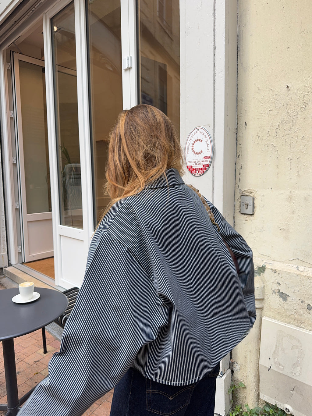 Veste denim à rayures poches plaquées