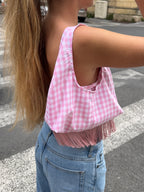 Sac upcyclé vichy rose et franges vintage - petit